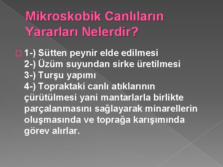 Mikroskobik Canlıların Yararları Nelerdir? � 1 -) Sütten peynir elde edilmesi 2 -) Üzüm