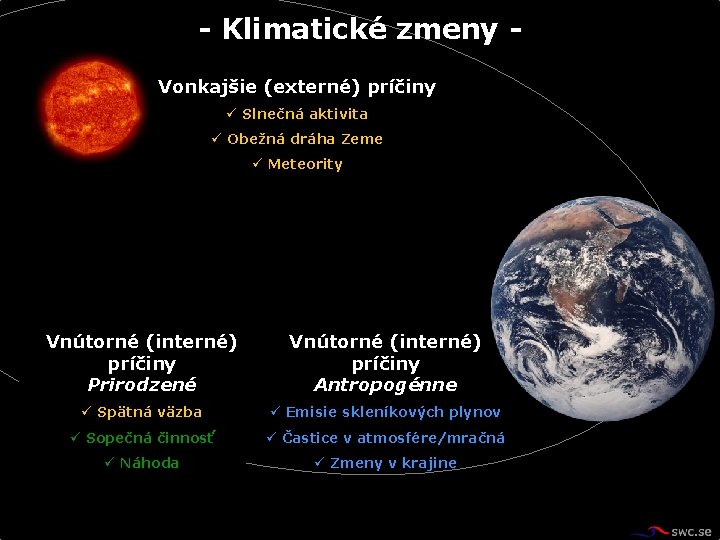 - Klimatické zmeny Vonkajšie (externé) príčiny ü Slnečná aktivita ü Obežná dráha Zeme ü