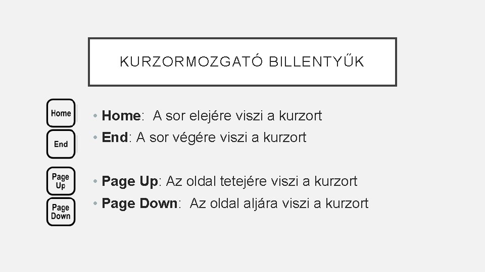 KURZORMOZGATÓ BILLENTYŰK • Home: A sor elejére viszi a kurzort • End: A sor