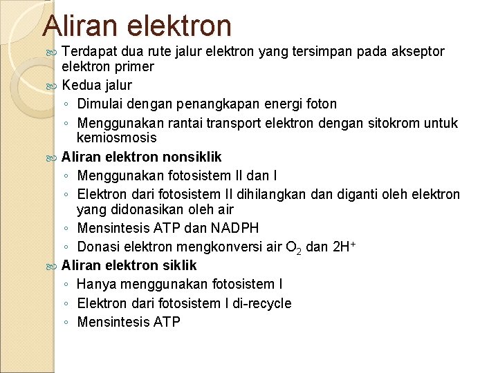 Aliran elektron Terdapat dua rute jalur elektron yang tersimpan pada akseptor elektron primer Kedua