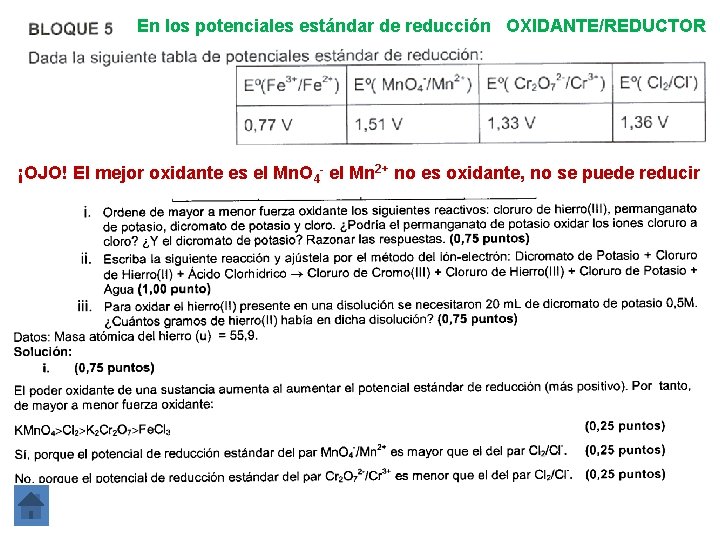 En los potenciales estándar de reducción OXIDANTE/REDUCTOR ¡OJO! El mejor oxidante es el Mn.
