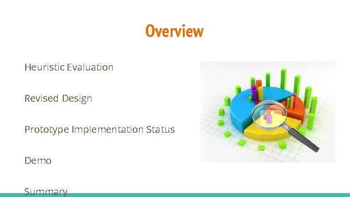 Overview Heuristic Evaluation Revised Design Prototype Implementation Status Demo Summary 