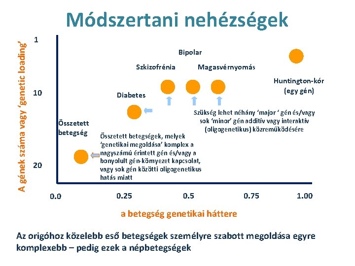 A gének száma vagy ‘genetic loading’ Módszertani nehézségek 1 Bipolar Szkizofrénia 10 Magasvérnyomás Huntington-kór