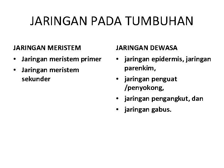 JARINGAN PADA TUMBUHAN JARINGAN MERISTEM JARINGAN DEWASA • Jaringan meristem primer • Jaringan meristem