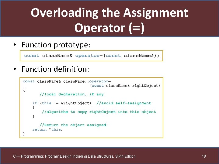 Overloading the Assignment Operator (=) • Function prototype: • Function definition: C++ Programming: Program