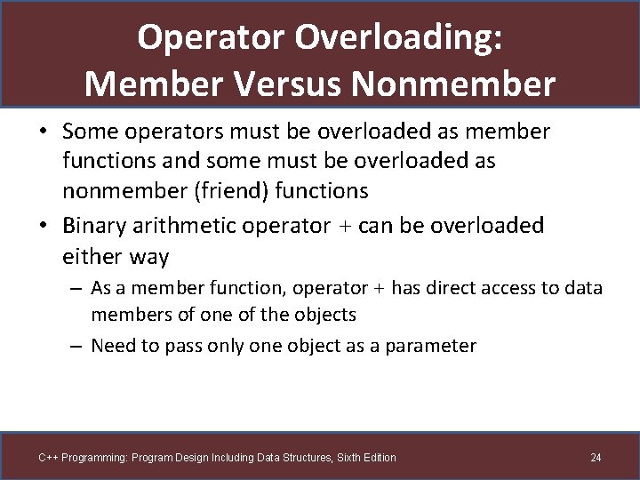 Operator Overloading: Member Versus Nonmember • Some operators must be overloaded as member functions