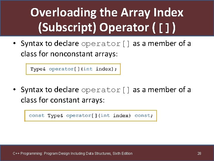 Overloading the Array Index (Subscript) Operator ([]) • Syntax to declare operator[] as a