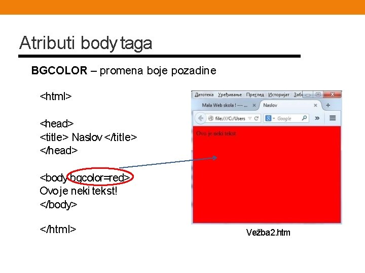 Atributi body taga BGCOLOR – promena boje pozadine <html> <head> <title> Naslov </title> </head>