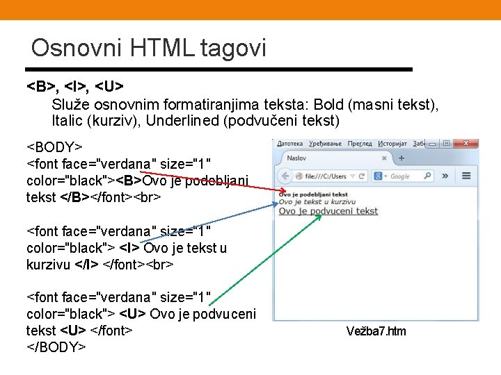 Osnovni HTML tagovi <B>, <I>, <U> Služe osnovnim formatiranjima teksta: Bold (masni tekst), Italic