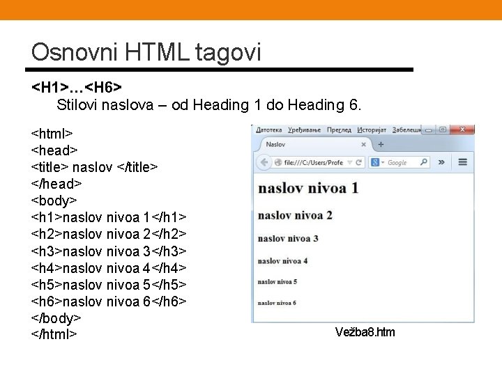 Osnovni HTML tagovi <H 1>…<H 6> Stilovi naslova – od Heading 1 do Heading
