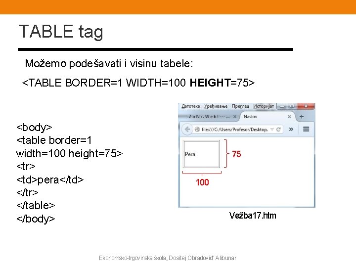 TABLE tag Možemo podešavati i visinu tabele: <TABLE BORDER=1 WIDTH=100 HEIGHT=75> <body> <table border=1