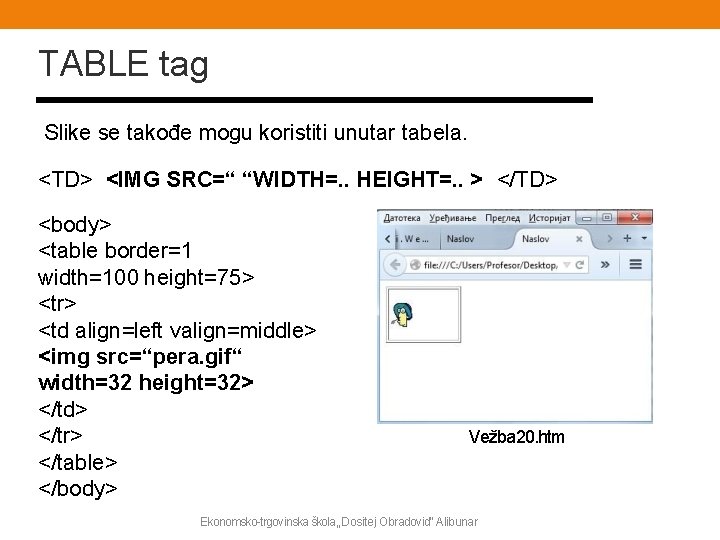 TABLE tag Slike se takođe mogu koristiti unutar tabela. <TD> <IMG SRC=“ “WIDTH=. .