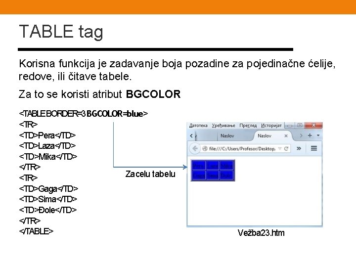 TABLE tag Korisna funkcija je zadavanje boja pozadine za pojedinačne ćelije, redove, ili čitave