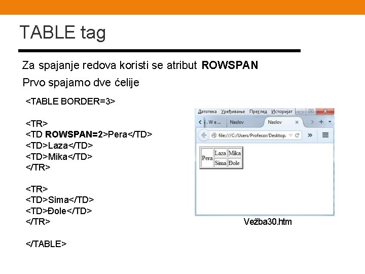 TABLE tag Za spajanje redova koristi se atribut ROWSPAN Prvo spajamo dve ćelije <TABLE