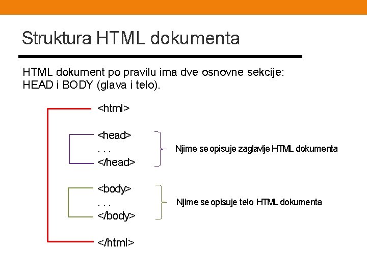 Struktura HTML dokument po pravilu ima dve osnovne sekcije: HEAD i BODY (glava i