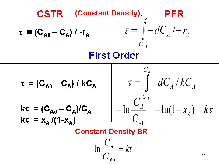 CSTR (Constant Density) PFR = (CA 0 – CA) / -r. A First Order