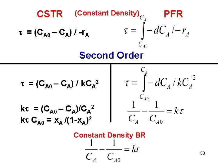 CSTR (Constant Density) PFR = (CA 0 – CA) / -r. A Second Order