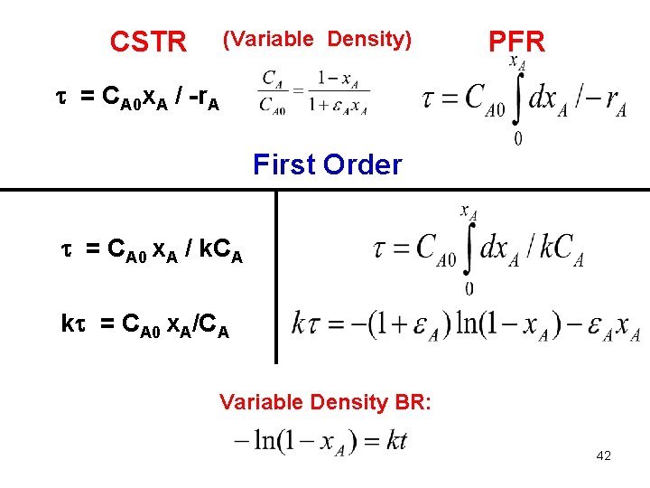 CSTR (Variable Density) PFR = CA 0 x. A / -r. A First Order