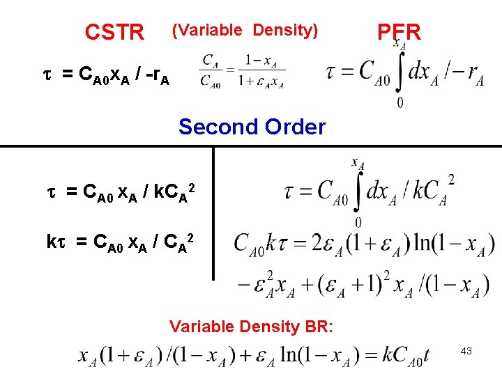 CSTR (Variable Density) PFR = CA 0 x. A / -r. A Second Order