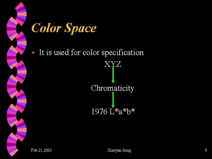 Color Space w It is used for color specification XYZ Chromaticity 1976 L*a*b* Feb.