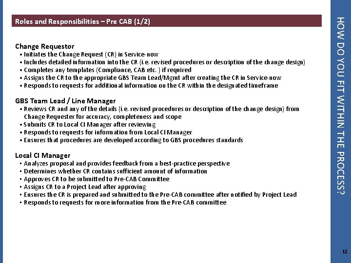 Change Requestor • Initiates the Change Request (CR) in Service-now • Includes detailed information