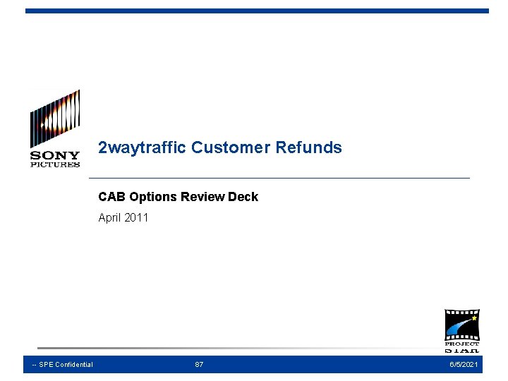 2 waytraffic Customer Refunds CAB Options Review Deck April 2011 -- SPE Confidential 87