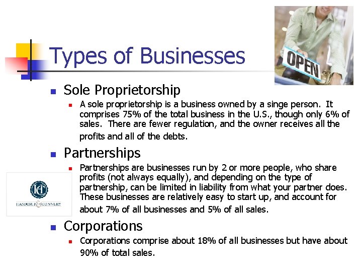 Types of Businesses n Sole Proprietorship n n Partnerships n n A sole proprietorship