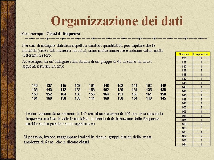 Organizzazione dei dati Altro esempio: Classi di frequenza Nei casi di indagine statistica rispetto