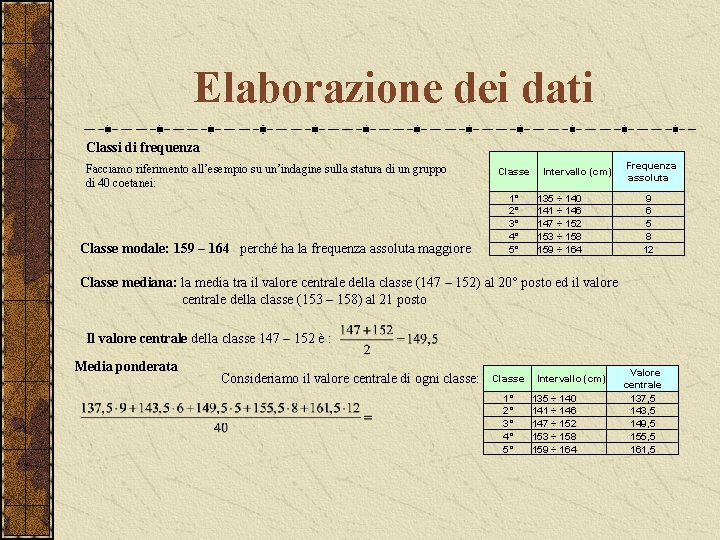 Elaborazione dei dati Classi di frequenza Facciamo riferimento all’esempio su un’indagine sulla statura di