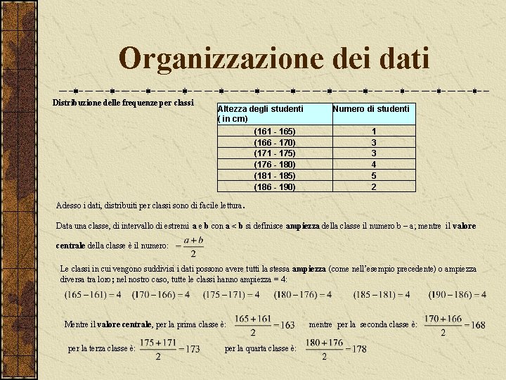 Organizzazione dei dati Distribuzione delle frequenze per classi Altezza degli studenti ( in cm)