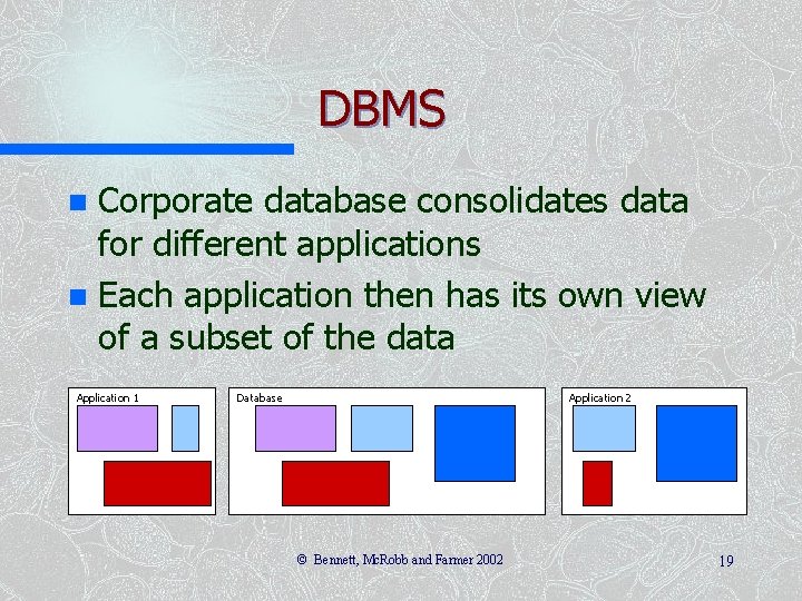 DBMS Corporate database consolidates data for different applications n Each application then has its DBMS Corporate database consolidates data for different applications n Each application then has its