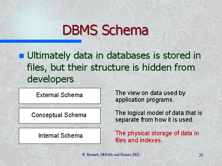DBMS Schema n Ultimately data in databases is stored in files, but their structure DBMS Schema n Ultimately data in databases is stored in files, but their structure