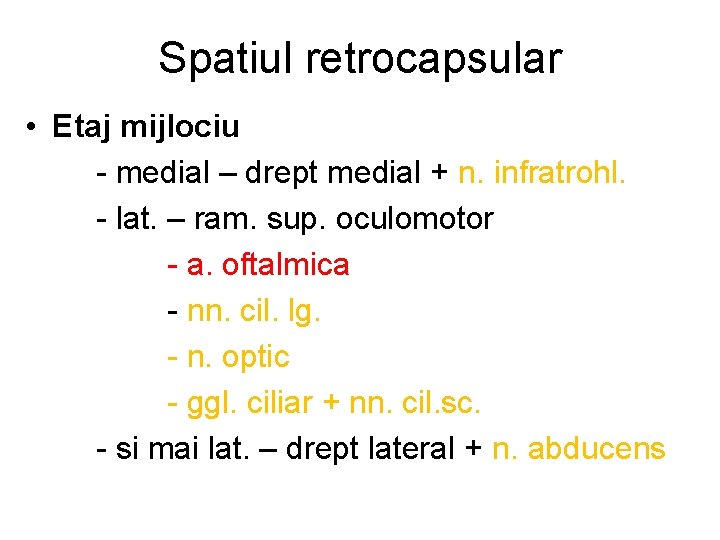 Spatiul retrocapsular • Etaj mijlociu - medial – drept medial + n. infratrohl. -