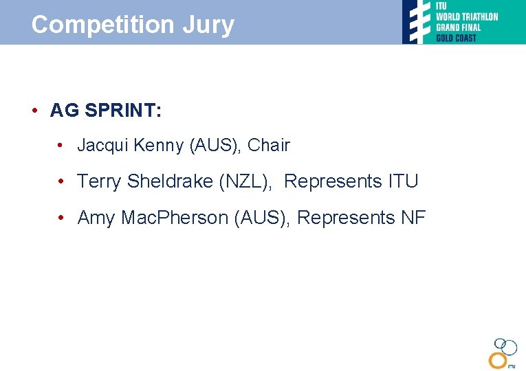 Competition Jury • AG SPRINT: • Jacqui Kenny (AUS), Chair • Terry Sheldrake (NZL),