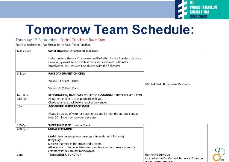 Tomorrow Team Schedule: 