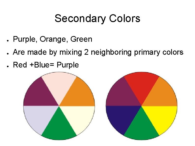 Secondary Colors ● Purple, Orange, Green ● Are made by mixing 2 neighboring primary