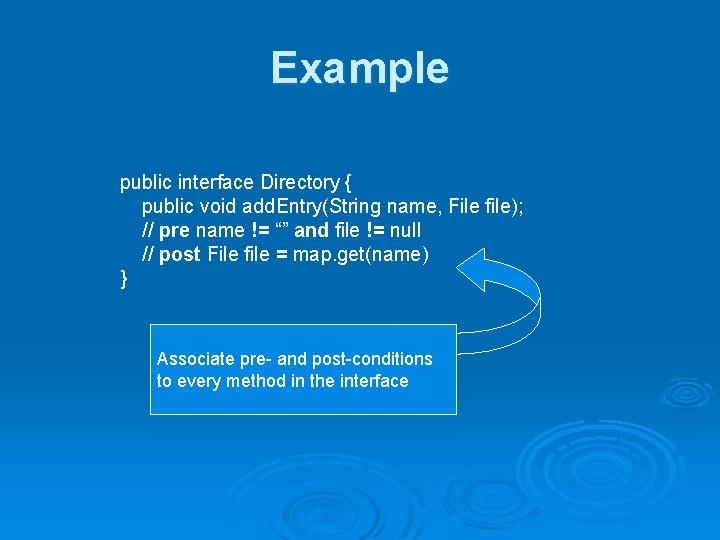 Example public interface Directory { public void add. Entry(String name, File file); // pre