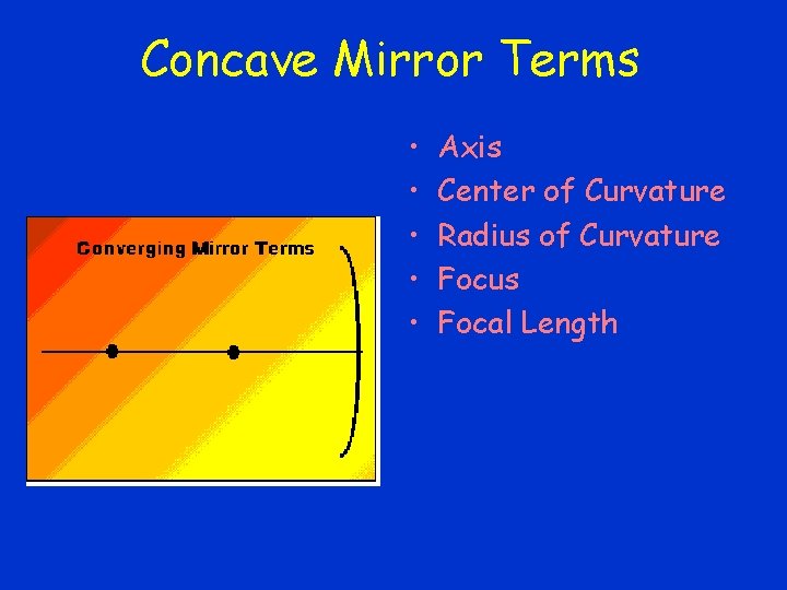 Concave Mirror Terms • • • Axis Center of Curvature Radius of Curvature Focus