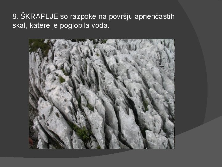 8. ŠKRAPLJE so razpoke na površju apnenčastih skal, katere je poglobila voda. 