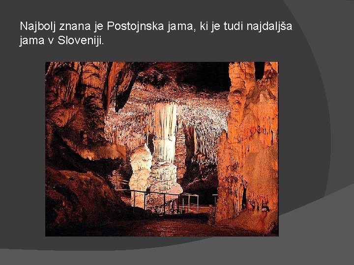 Najbolj znana je Postojnska jama, ki je tudi najdaljša jama v Sloveniji. 