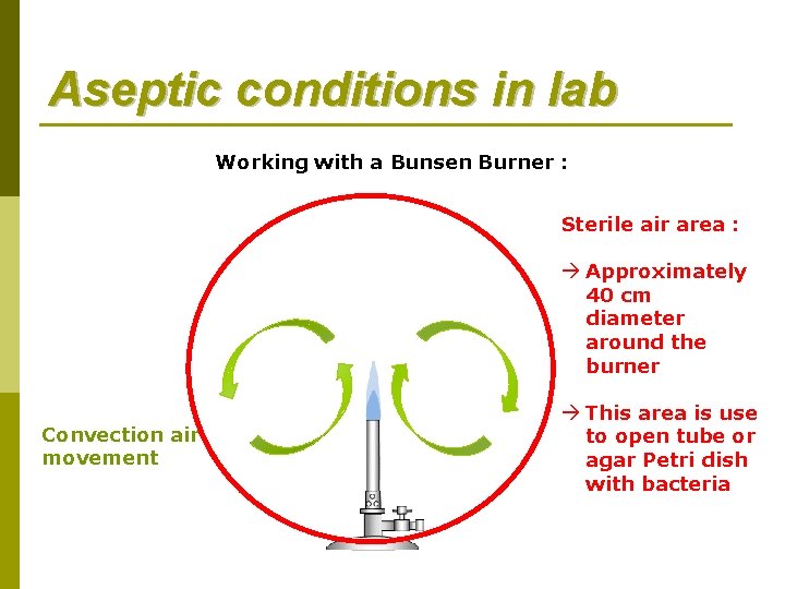 Aseptic conditions in lab Working with a Bunsen Burner : Sterile air area :