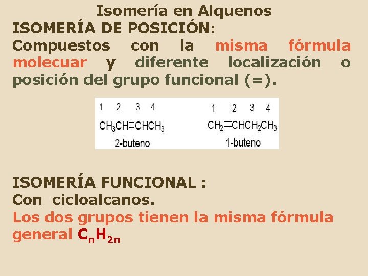 Isomería en Alquenos ISOMERÍA DE POSICIÓN: Compuestos con la misma fórmula molecuar y diferente