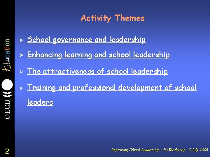 Activity Themes Ø School governance and leadership Ø Enhancing learning and school leadership Ø
