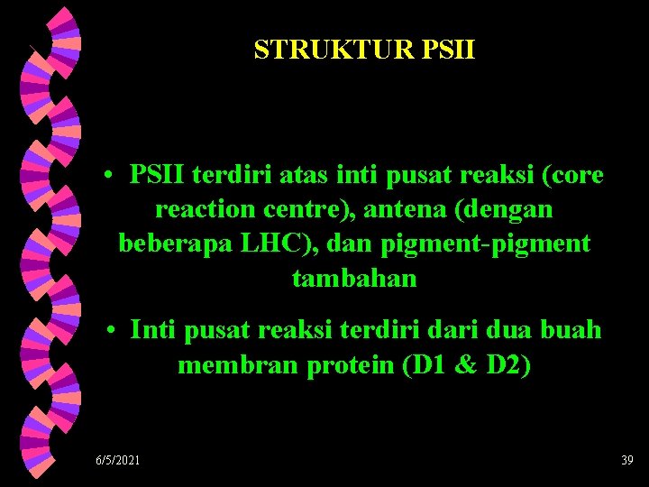 STRUKTUR PSII • PSII terdiri atas inti pusat reaksi (core reaction centre), antena (dengan