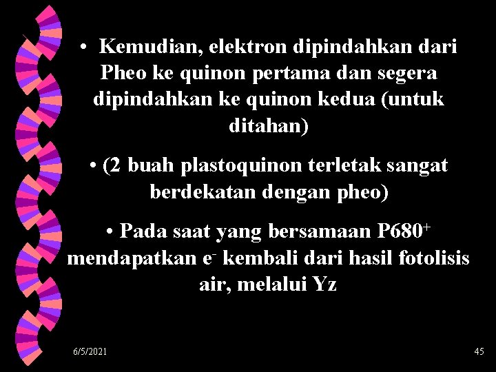  • Kemudian, elektron dipindahkan dari Pheo ke quinon pertama dan segera dipindahkan ke