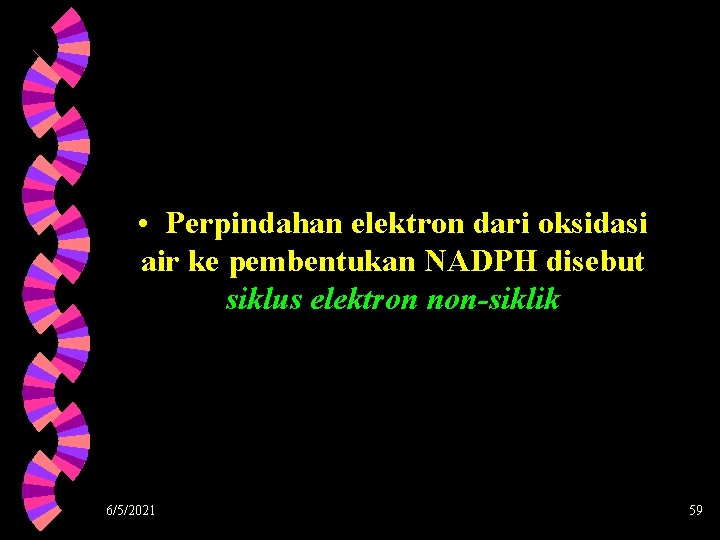  • Perpindahan elektron dari oksidasi air ke pembentukan NADPH disebut siklus elektron non-siklik