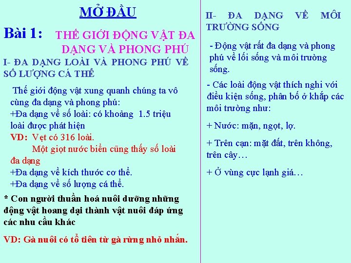 MỞ ĐẦU Bài 1: THẾ GIỚI ĐỘNG VẬT ĐA DẠNG VÀ PHONG PHÚ I-