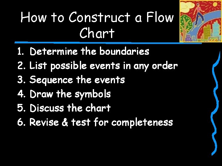How to Construct a Flow Chart 1. 2. 3. 4. 5. 6. Determine the