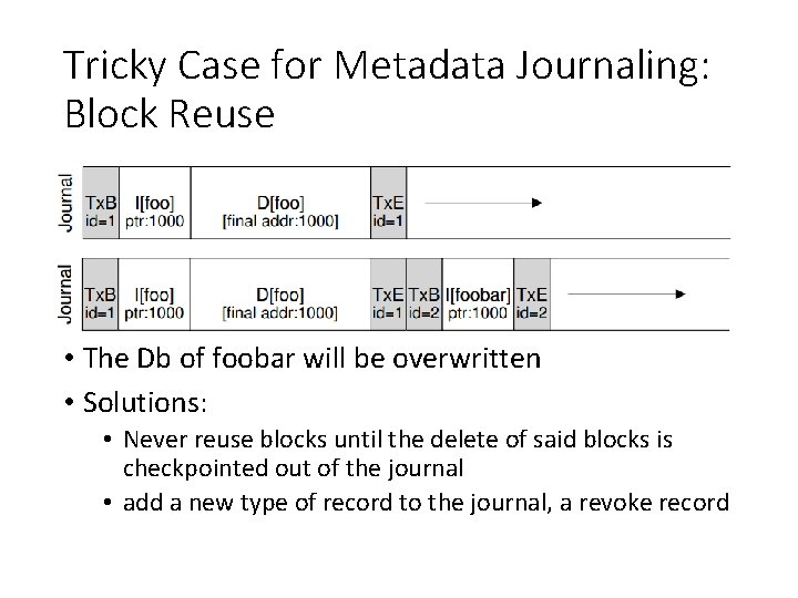 Tricky Case for Metadata Journaling: Block Reuse • The Db of foobar will be