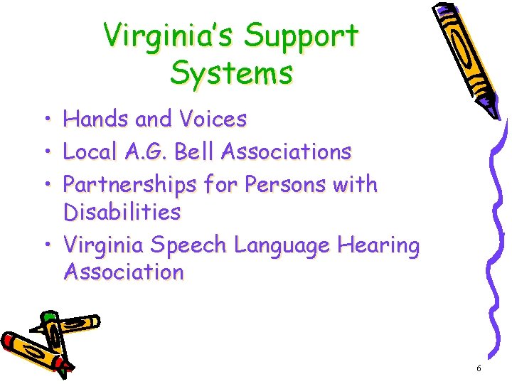 Virginia’s Support Systems • Hands and Voices • Local A. G. Bell Associations •